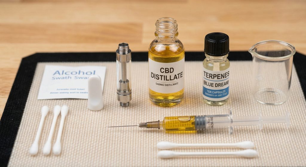 Zubehör zum Cartridge-Befüllen: Spritze, Cartridge, Distillat, Terpene, Becherglas, Alkoholtupfer