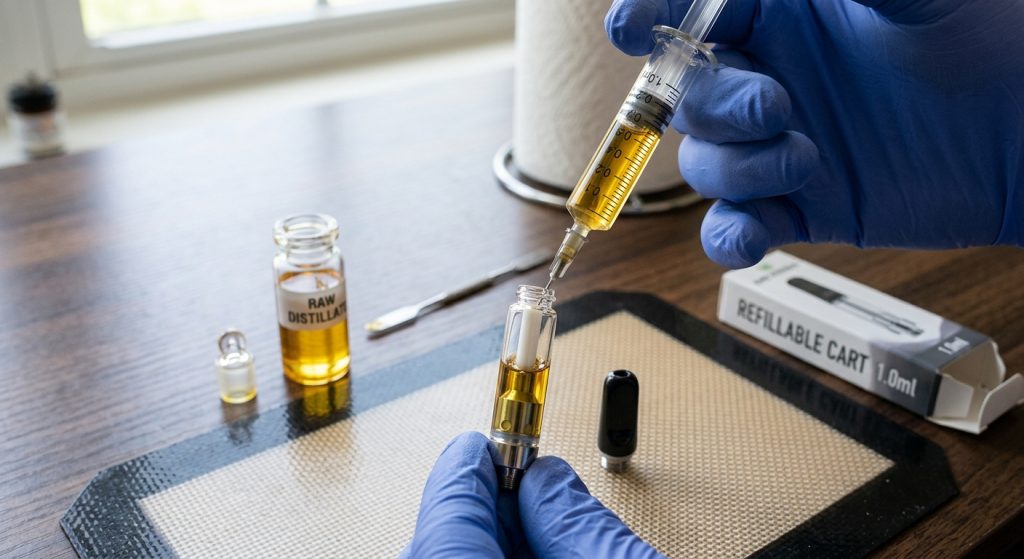 Leere Cartridge wird mit einer Glasspritze vorsichtig mit Öl befüllt.