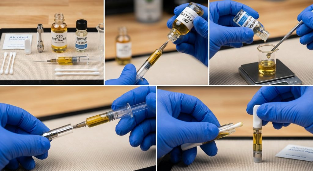 Cartridge wird Schritt für Schritt mit Distillat und Terpenen befüllt: Zubehör, Aufziehen mit der Spritze, Mischen, Abfüllen und Reinigen